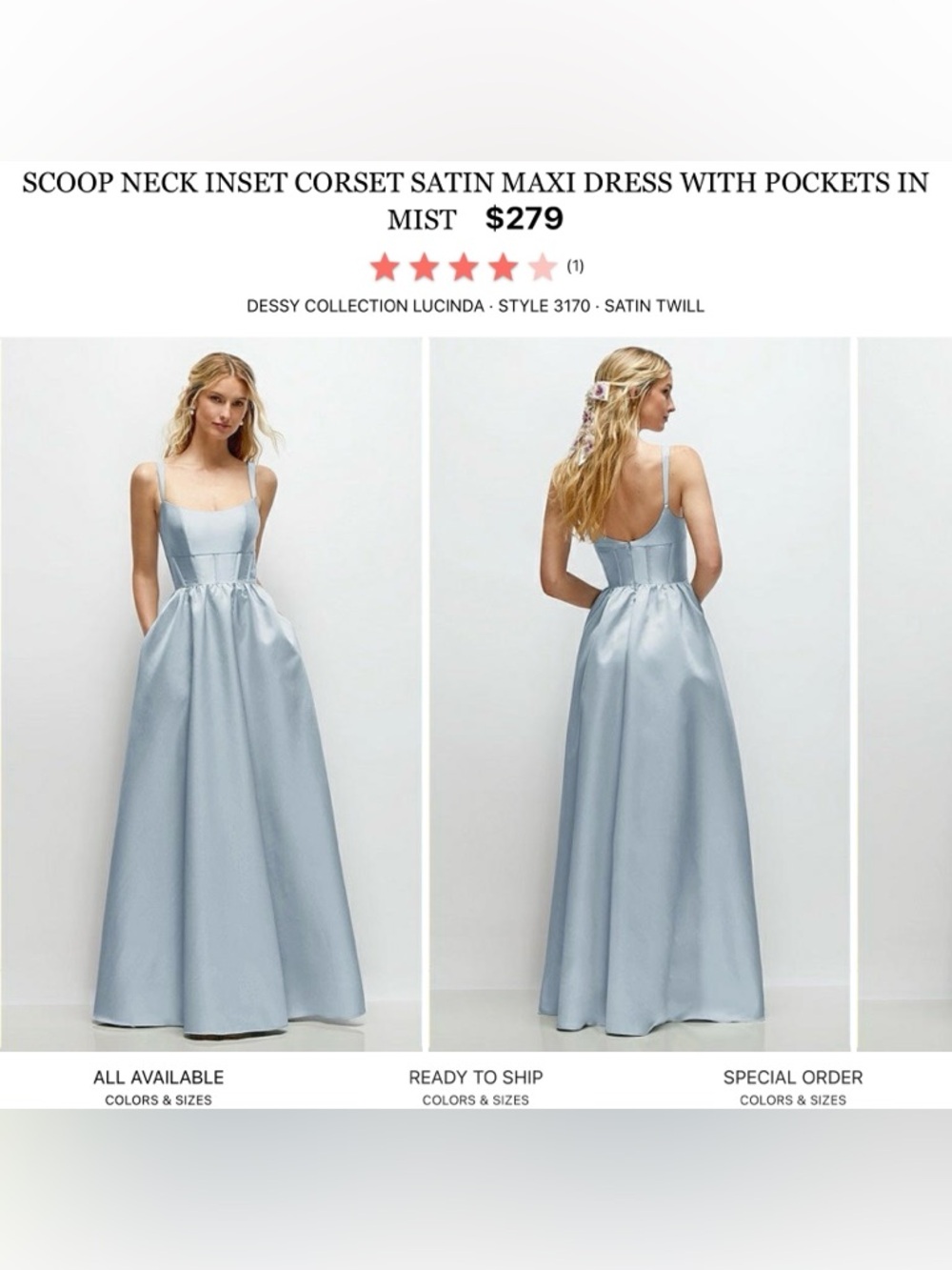 Dessy Collection Scoop Neck Corset Satin Maxi Dress in Mist